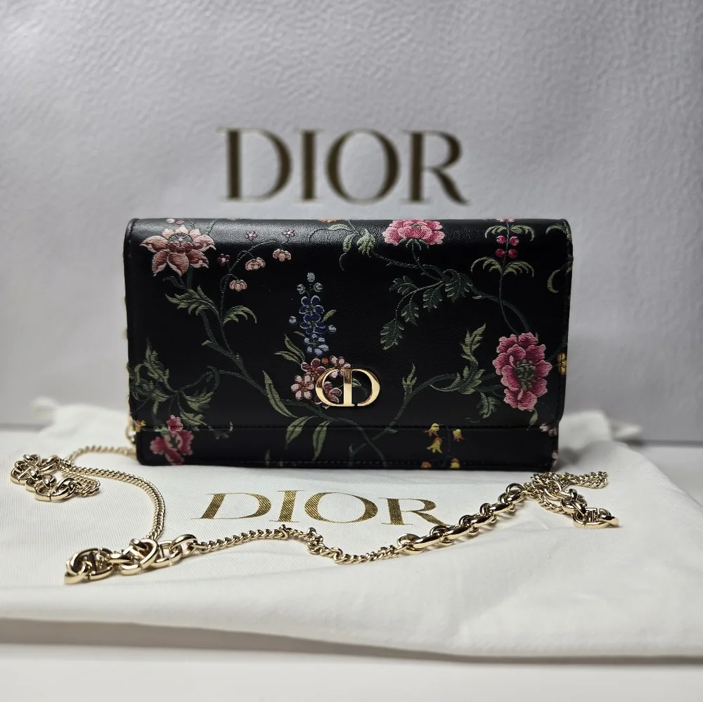 Authentic Black Floral Dior Pouch Wallet On A Chain